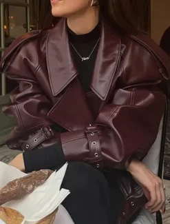 Sale Women's Faux Leather Jacket Outdoor Street Daily Wear Fall Short Coat Regular Fit Breathable Stylish Casual Jacket Long Sleeve Plain with Pockets Women Jackets