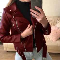 Sale Women's Faux Leather Jacket Full Zip Motorcycle Jacket Moto Biker Coat Waterproof Streetwear Regular Fit Outerwear With Belt Long Sleeve Fall Black Women Jackets
