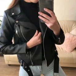 Sale Women's Faux Leather Jacket Full Zip Motorcycle Jacket Moto Biker Coat Waterproof Streetwear Regular Fit Outerwear With Belt Long Sleeve Fall Black Women Jackets