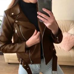 Sale Women's Faux Leather Jacket Full Zip Motorcycle Jacket Moto Biker Coat Waterproof Streetwear Regular Fit Outerwear With Belt Long Sleeve Fall Black Women Jackets