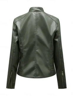 Online Women's Faux Leather Jacket Casual Jacket Comfortable Breathable Zipper Pocket Casual Plain Vacation Street Casual Daily Wear Zipper Short Stand Collar Regular Fit Long Sleeve Outerwear Black Wine Women Jackets