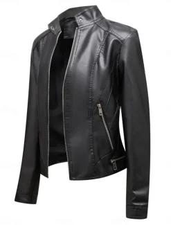 Online Women's Faux Leather Jacket Casual Jacket Comfortable Breathable Zipper Pocket Casual Plain Vacation Street Casual Daily Wear Zipper Short Stand Collar Regular Fit Long Sleeve Outerwear Black Wine Women Jackets