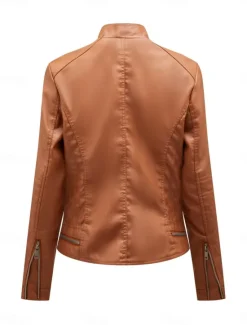 Online Women's Faux Leather Jacket Casual Jacket Comfortable Breathable Zipper Pocket Casual Plain Vacation Street Casual Daily Wear Zipper Short Stand Collar Regular Fit Long Sleeve Outerwear Black Wine Women Jackets