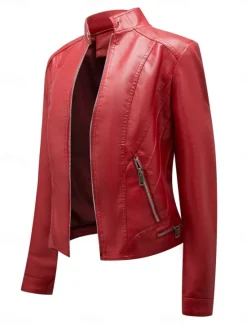 Online Women's Faux Leather Jacket Casual Jacket Comfortable Breathable Zipper Pocket Casual Plain Vacation Street Casual Daily Wear Zipper Short Stand Collar Regular Fit Long Sleeve Outerwear Black Wine Women Jackets