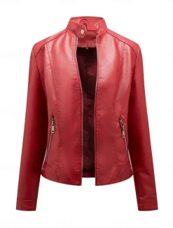 Online Women's Faux Leather Jacket Casual Jacket Comfortable Breathable Zipper Pocket Casual Plain Vacation Street Casual Daily Wear Zipper Short Stand Collar Regular Fit Long Sleeve Outerwear Black Wine Women Jackets