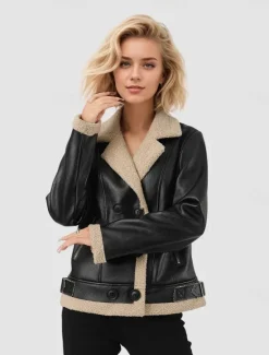 Discount Women's Faux Leather Jacket Fleece Jacket Warm Zipper Pocket Buttons Vintage Fashion Casual Plain Street Casual Daily Wear Short Notch Lapel Regular Fit Long Sleeve Outerwear Fall Winter Women Jackets
