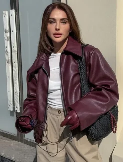 Women's Faux Leather Jacket Winter Jacket Windproof Zipper Oversized Elegant Vintage Fashion Daily School Casual Daily Short Turndown Loose Fit Long Sleeve Outerwear claret Spot goods shipped in Women Jackets