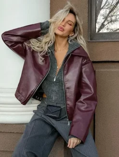 Women's Faux Leather Jacket Winter Jacket Windproof Zipper Oversized Elegant Vintage Fashion Daily School Casual Daily Short Turndown Loose Fit Long Sleeve Outerwear claret Spot goods shipped in Women Jackets