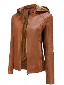 Discount Women's Faux Leather Jacket Outdoor Street Daily Wear Fall Winter Short Coat Regular Fit Thermal Warm Breathable Stylish Casual Jacket Long Sleeve Plain with Pockets Full Zip Black Pink Red Women Jackets