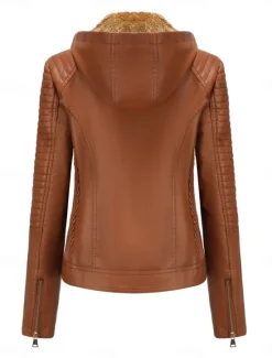 Discount Women's Faux Leather Jacket Outdoor Street Daily Wear Fall Winter Short Coat Regular Fit Thermal Warm Breathable Stylish Casual Jacket Long Sleeve Plain with Pockets Full Zip Black Pink Red Women Jackets