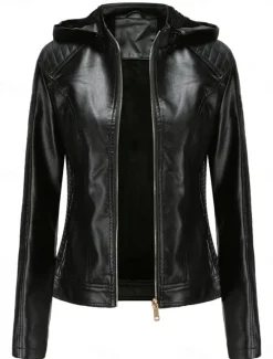 Discount Women's Faux Leather Jacket Outdoor Street Daily Wear Fall Winter Short Coat Regular Fit Thermal Warm Breathable Stylish Casual Jacket Long Sleeve Plain with Pockets Full Zip Black Pink Red Women Jackets