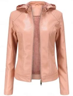 Discount Women's Faux Leather Jacket Outdoor Street Daily Wear Fall Winter Short Coat Regular Fit Thermal Warm Breathable Stylish Casual Jacket Long Sleeve Plain with Pockets Full Zip Black Pink Red Women Jackets