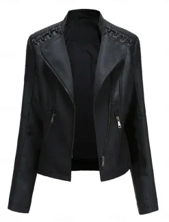 Outlet Women's Faux Leather Jacket Outdoor Street Daily Wear Fall Winter Short Coat Regular Fit Thermal Warm Breathable Stylish Casual Jacket Long Sleeve Plain with Pockets Full Zip Black Pink Red Women Jackets