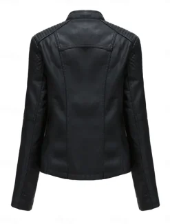 Outlet Women's Faux Leather Jacket Outdoor Street Daily Wear Fall Winter Short Coat Regular Fit Thermal Warm Breathable Stylish Casual Jacket Long Sleeve Plain with Pockets Full Zip Black Pink Red Women Jackets