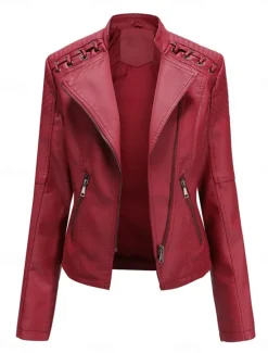 Outlet Women's Faux Leather Jacket Outdoor Street Daily Wear Fall Winter Short Coat Regular Fit Thermal Warm Breathable Stylish Casual Jacket Long Sleeve Plain with Pockets Full Zip Black Pink Red Women Jackets