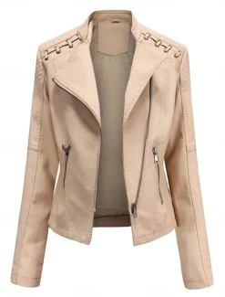Outlet Women's Faux Leather Jacket Outdoor Street Daily Wear Fall Winter Short Coat Regular Fit Thermal Warm Breathable Stylish Casual Jacket Long Sleeve Plain with Pockets Full Zip Black Pink Red Women Jackets
