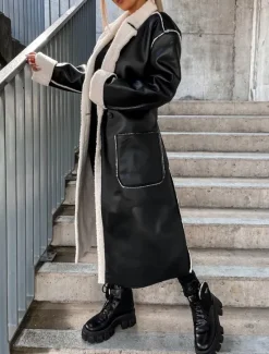 Women's Faux Leather Jacket Winter Coat Winter Jacket Windproof Warm Work Street Daily Wear Vacation Pocket Single Breasted Turndown Casual Street Style Solid Color Loose Fit Outerwear Long Sleeve Women Jackets|Coats & Trench Coats
