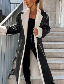 Women's Faux Leather Jacket Winter Coat Winter Jacket Windproof Warm Work Street Daily Wear Vacation Pocket Single Breasted Turndown Casual Street Style Solid Color Loose Fit Outerwear Long Sleeve Women Jackets|Coats & Trench Coats