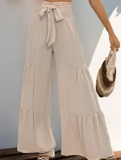 Clearance Women's Flare Elegant Vacation Vintage Full Length Mid Waist Solid Color Plain Ruffle Patchwork Stretchy Outdoor Vacation Home Summer Spring Fall Loose Fit Women Pants