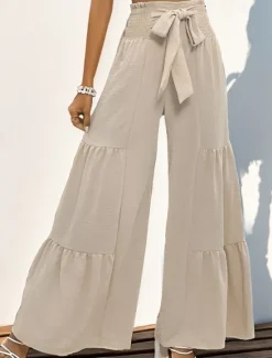 Clearance Women's Flare Elegant Vacation Vintage Full Length Mid Waist Solid Color Plain Ruffle Patchwork Stretchy Outdoor Vacation Home Summer Spring Fall Loose Fit Women Pants