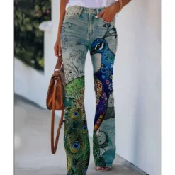 Best Women's Flared Pants Bell Bottom Pants Trousers Fashion Full Length Mid Waist Skull Flower / Floral Side Pockets Wide Leg Print Comfort Micro-elastic Halloween Weekend Navy-blue Rainbow Sky Blue And Women Leggings