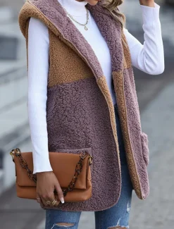 Best Women's Fleece Jacket Fleece Vest Teddy Coat Warm Breathable Patchwork Pocket Fleece Lined Casual Color Block Vacation Street Daily Wear Going out Open Front Regular Hoodie Regular Fit Sleeveless Women Jackets|Vest