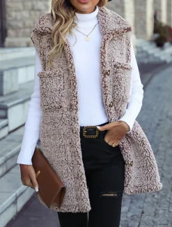 Discount Women's Fleece Jacket Fleece Vest Teddy Coat Warm Breathable Pocket Fleece Lined Casual Plain Vacation Street Daily Wear Going out Single Breasted Regular Turndown Regular Fit Sleeveless Outerwear Women Vest