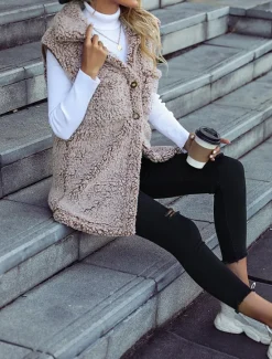 Discount Women's Fleece Jacket Fleece Vest Teddy Coat Warm Breathable Pocket Fleece Lined Casual Plain Vacation Street Daily Wear Going out Single Breasted Regular Turndown Regular Fit Sleeveless Outerwear Women Vest