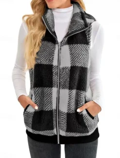 Discount Women's Fleece Jacket Fleece Vest Teddy Coat Warm Breathable Zipper Pocket Fleece Lined Casual Plaid Vacation Street Daily Wear Going out Zipper Regular Stand Collar Regular Fit Sleeveless Outerwear Women Vest