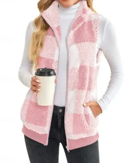 Discount Women's Fleece Jacket Fleece Vest Teddy Coat Warm Breathable Zipper Pocket Fleece Lined Casual Plaid Vacation Street Daily Wear Going out Zipper Regular Stand Collar Regular Fit Sleeveless Outerwear Women Vest