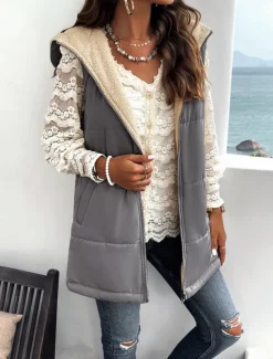 Women's Fleece Jacket Fleece Vest Teddy Coat Warm Breathable Zipper Pocket Fleece Lined Casual Plain Vacation Street Daily Wear Going out Zipper Regular Hoodie Regular Fit Sleeveless Outerwear Gray Women Puffers & Parka