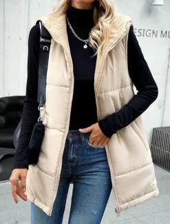 Women's Fleece Jacket Fleece Vest Teddy Coat Warm Breathable Zipper Pocket Fleece Lined Casual Plain Vacation Street Daily Wear Going out Zipper Regular Hoodie Regular Fit Sleeveless Outerwear Gray Women Puffers & Parka