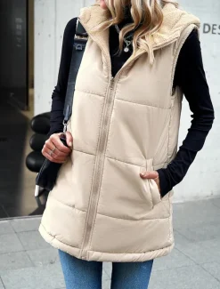 Women's Fleece Jacket Fleece Vest Teddy Coat Warm Breathable Zipper Pocket Fleece Lined Casual Plain Vacation Street Daily Wear Going out Zipper Regular Hoodie Regular Fit Sleeveless Outerwear Gray Women Puffers & Parka