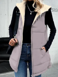 Women's Fleece Jacket Fleece Vest Teddy Coat Warm Breathable Zipper Pocket Fleece Lined Casual Plain Vacation Street Daily Wear Going out Zipper Regular Hoodie Regular Fit Sleeveless Outerwear Gray Women Puffers & Parka