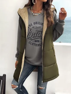 Women's Fleece Jacket Fleece Vest Teddy Coat Warm Breathable Zipper Pocket Fleece Lined Casual Plain Vacation Street Daily Wear Going out Zipper Regular Hoodie Regular Fit Sleeveless Outerwear Gray Women Puffers & Parka