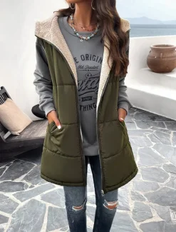 Women's Fleece Jacket Fleece Vest Teddy Coat Warm Breathable Zipper Pocket Fleece Lined Casual Plain Vacation Street Daily Wear Going out Zipper Regular Hoodie Regular Fit Sleeveless Outerwear Gray Women Puffers & Parka