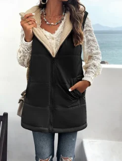 Women's Fleece Jacket Fleece Vest Teddy Coat Warm Breathable Zipper Pocket Fleece Lined Casual Plain Vacation Street Daily Wear Going out Zipper Regular Hoodie Regular Fit Sleeveless Outerwear Gray Women Puffers & Parka