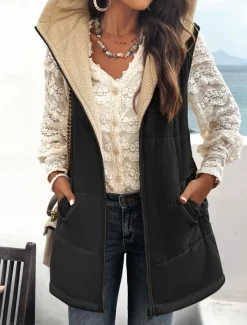 Women's Fleece Jacket Fleece Vest Teddy Coat Warm Breathable Zipper Pocket Fleece Lined Casual Plain Vacation Street Daily Wear Going out Zipper Regular Hoodie Regular Fit Sleeveless Outerwear Gray Women Puffers & Parka