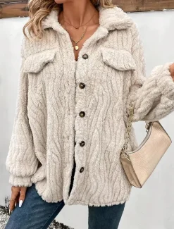 Online Women's Fleece Jacket Teddy Coat Warm Breathable Buttons Pocket Casual Plain Vacation Street Daily Wear Going out Cardigan Turndown Regular Fit Long Sleeve Outerwear Fall Winter Women Blazers & Suits