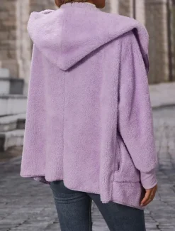New Women's Fleece Jacket Teddy Coat Hoodie Jacket Warm Breathable Pocket Fleece Lined Casual Plain Vacation Street Daily Wear Going out Open Front Hoodie Regular Fit Long Sleeve Outerwear Black Purple Women Jackets