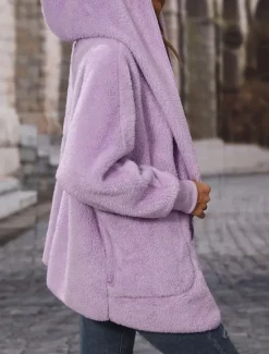 New Women's Fleece Jacket Teddy Coat Hoodie Jacket Warm Breathable Pocket Fleece Lined Casual Plain Vacation Street Daily Wear Going out Open Front Hoodie Regular Fit Long Sleeve Outerwear Black Purple Women Jackets