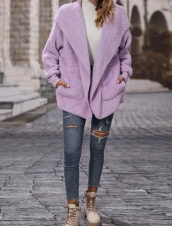 New Women's Fleece Jacket Teddy Coat Hoodie Jacket Warm Breathable Pocket Fleece Lined Casual Plain Vacation Street Daily Wear Going out Open Front Hoodie Regular Fit Long Sleeve Outerwear Black Purple Women Jackets
