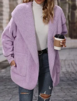 New Women's Fleece Jacket Teddy Coat Hoodie Jacket Warm Breathable Pocket Fleece Lined Casual Plain Vacation Street Daily Wear Going out Open Front Hoodie Regular Fit Long Sleeve Outerwear Black Purple Women Jackets