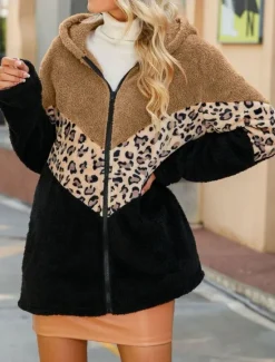 Clearance Women's Fleece Jacket Teddy Coat Hoodie Jacket Warm Breathable Zipper Pocket Fleece Lined Casual Leopard Vacation Street Daily Wear Going out Zipper Regular Hoodie Regular Fit Long Sleeve Outerwear Women Jackets