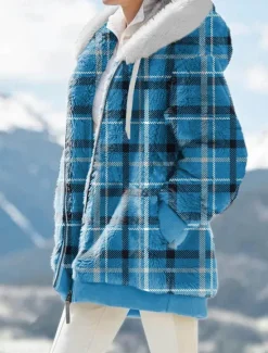 Hot Women's Fleece Jacket Teddy Coat Hoodie Jacket Warm Breathable Zipper Pocket Print Fur Collar Casual Plaid Vacation Street Daily Wear Going out Zipper Regular Hoodie Regular Fit Long Sleeve Outerwear Women Jackets