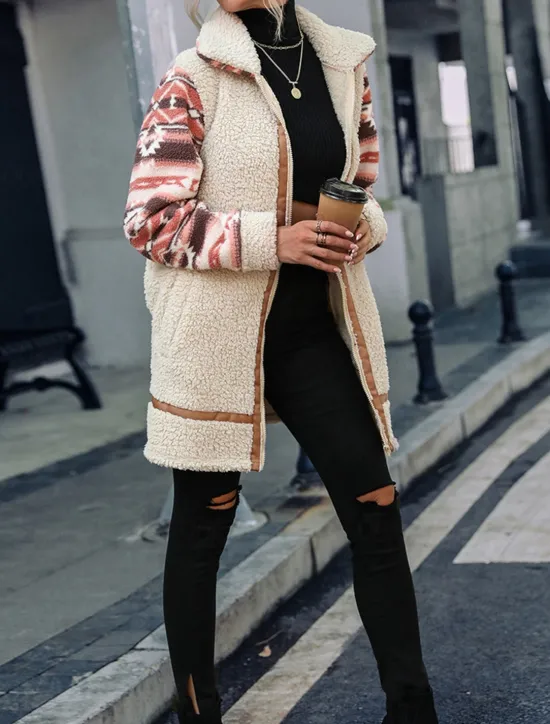 New Women's Fleece Jacket Teddy Coat Hoodie Jacket Warm Breathable Zipper Pocket Fleece Lined Vintage Casual Geometric Vacation Street Daily Wear Going out Zipper Long Turndown Regular Fit Long Sleeve Women Jackets