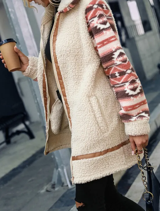 New Women's Fleece Jacket Teddy Coat Hoodie Jacket Warm Breathable Zipper Pocket Fleece Lined Vintage Casual Geometric Vacation Street Daily Wear Going out Zipper Long Turndown Regular Fit Long Sleeve Women Jackets