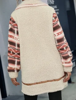 New Women's Fleece Jacket Teddy Coat Hoodie Jacket Warm Breathable Zipper Pocket Fleece Lined Vintage Casual Geometric Vacation Street Daily Wear Going out Zipper Long Turndown Regular Fit Long Sleeve Women Jackets