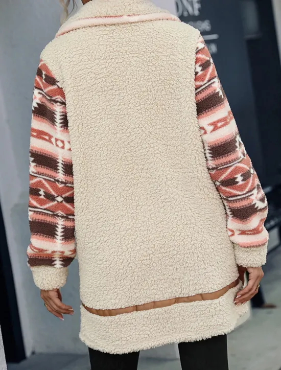 New Women's Fleece Jacket Teddy Coat Hoodie Jacket Warm Breathable Zipper Pocket Fleece Lined Vintage Casual Geometric Vacation Street Daily Wear Going out Zipper Long Turndown Regular Fit Long Sleeve Women Jackets