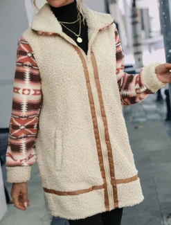New Women's Fleece Jacket Teddy Coat Hoodie Jacket Warm Breathable Zipper Pocket Fleece Lined Vintage Casual Geometric Vacation Street Daily Wear Going out Zipper Long Turndown Regular Fit Long Sleeve Women Jackets